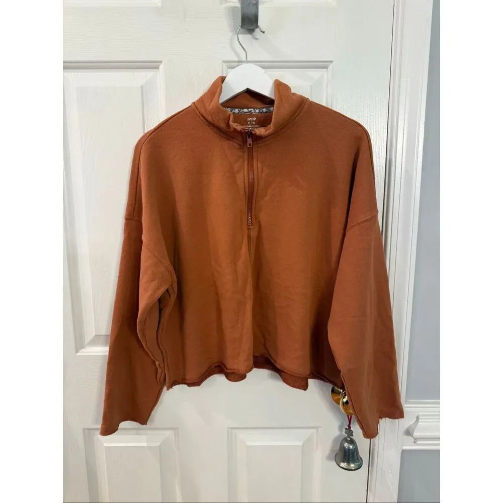 Aerie Brown Rust Cropped Zip Up Funnel Neck Cotton Jacket sz XL